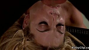 Amateur blonde gagged and deepthroated while hogtied