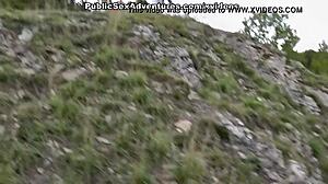 brunette with nice tits shows her body in public