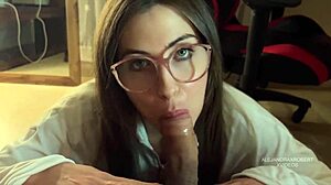 Girl with glasses gives blowjob and gets creampie
