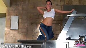 tight jean miniskirt hides secret panties