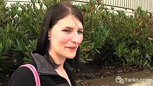 Yanks babe tundra masturbates her hairless pussy to climax in public restroom.