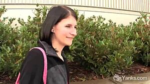 Yanks babe tundra masturbates her hairless pussy to climax in public restroom.