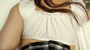 Pretty asian destiny mae is fucked hard in new panties and skirt, reaching orgasm on big cock.