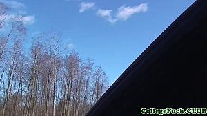 Teen babe cocksucking outdoors at university party