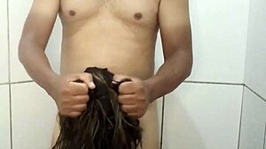 Having sex in the bath with my wife, bending over for doggystyle