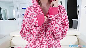 daphne dare in onesie rides jay smooth's monster cock, fingering her pussy before blowjob and doggystyle on sofa