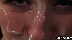 slutty babe gets jizz shot on her face swallowing all the ejaculate