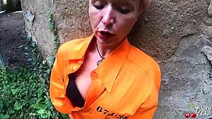 Sexy Prisoner Deepthroats Big Cock And Gets Anal Fucked Outdoors In Abandoned Area, Ending With Facial Cumshot