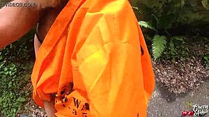 Sexy Prisoner Deepthroats Big Cock And Gets Anal Fucked Outdoors In Abandoned Area, Ending With Facial Cumshot