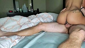 Jojo eagerly sucks big white cock and rides it hard.