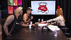 Two hot babes test the product on their tits, redhead and black beauty