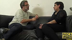 Tattooed chubby submissive feels intense pleasure as she's fingered to squirting orgasm and receives cum in mouth