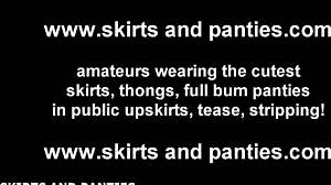 Babe flashes panties and ass to teasing neighbors in skirt