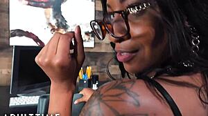 September Reigns as naughty ebony librarian undresses for insane office masturbation 😈