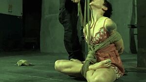 Gagged hotty gets whipped on tits.