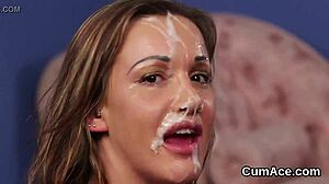 foxy hottie gets bukkake facial while sucking cum and swapping jizz