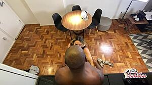 cleo cadillac gets buried by big cock in kitchen with hairy pussy