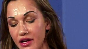 foxy hottie gets bukkake facial while sucking cum and swapping jizz