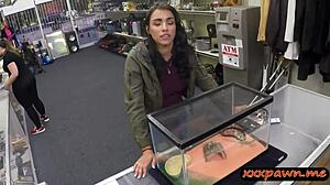 Amateur brunette gets wet and gets a great porno version of a hunky top at the pawn shop