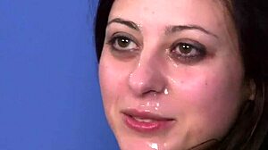 frisky peach swallows sperm on her face