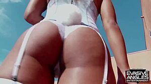 Teanna Trump, the black babe in fishnets, gets her pussy licked by a hung stud before he fucks her big ass and cums on her lingerie.