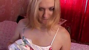 Hot blonde masturbates pussy while sucking dildo suggestively