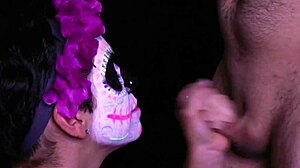 Brunette Wife Gives Blowjob And Facial On Halloween