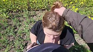 Beautiful pov outdoor blowjob from chubby cutie with big tits and juicy nipples playing with cum
