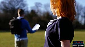 Redhead teen 18+ bounces her big ass on a new student.