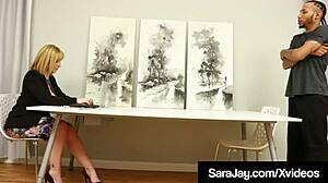 office boss sara jay interacts with her employees in a professional setting