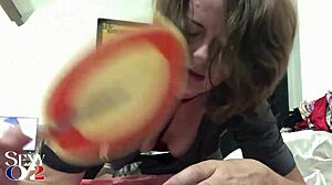 1735Ip - Fucking White Amateur Milf Green Leather Pants Red Satin Bodysuit Heels Doggy Style Pov Ass Licking Blowjob Spanking