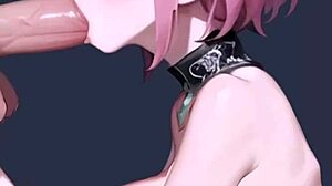 sakura-like pink-haired anime girl gives sloppy deepthroat to huge hairy cock.