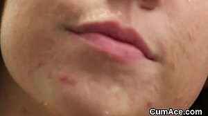Stunner swallows massive cum load on face