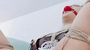 Enjoying rough rope bondage punishment, deepthroat dildo, tied orgasms with squirting, nipple clamps, and slave development