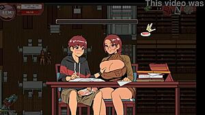 Nerdy girl in spooky milk life hentai game gives a sneaky public handjob in library.