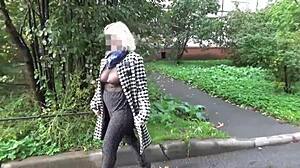 Milf in Nylon Outfit Walks Outdoors Transparently