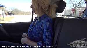 barely 18 skinny blonde fingering shaved pussy while driving outdoors