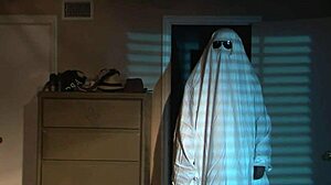 Halloween night with a sexy nude blonde on the bed