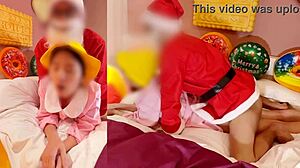 christmas asian couple in costumes practices dirty talk and cosplay for impregnation