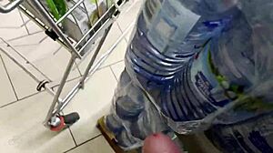 Risky public handjob leads to cumshot in supermarket