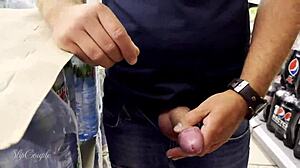 Risky public handjob leads to cumshot in supermarket