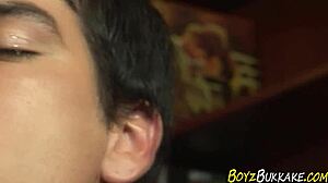 Twinks engage in bukkake threeway with blowjobs, facials, and cumshots