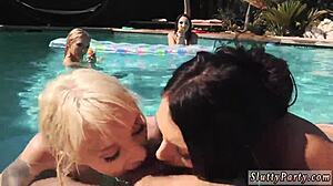 College group engages in outdoor pool orgy with handjobs and hardcore action