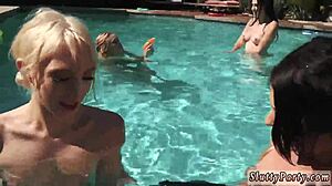 College group engages in outdoor pool orgy with handjobs and hardcore action