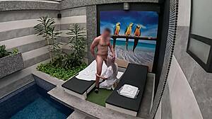 Room Service Girl from Private Suite Performs Oral Until Climax in Mouth Outdoors