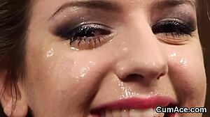 feisty model gets bukkake facial while sucking cocks in blowbang pov 😏