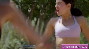 In this group scene, three horny lesbian teens charlotte sins, alexia anders, and theodora day passionately kiss and lick each other's boobs