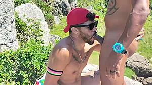 Intense gay orgy on famous beach rocks