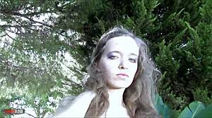 Pretty teen Lena Luminescente teases in fishnets before stripping outdoors 😏