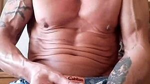 I stroke my monster cock until beautiful cumshot